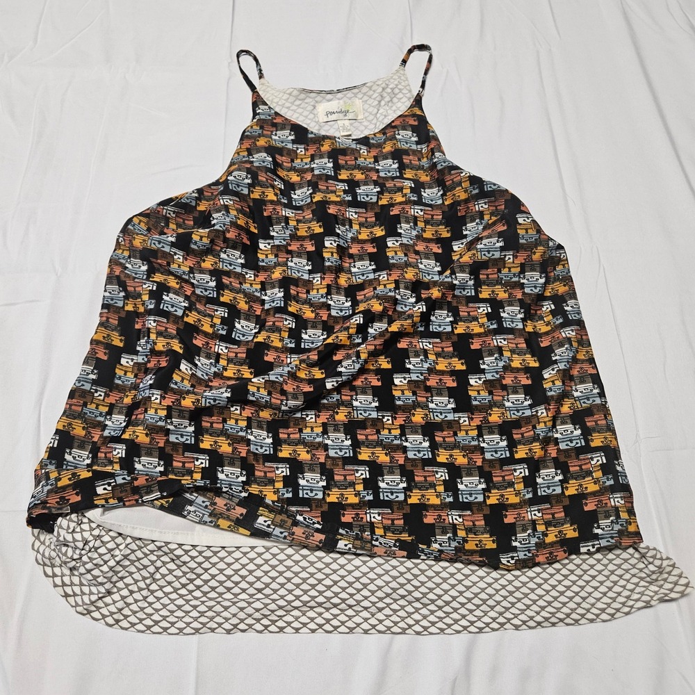 Porridge Suitcase Print Cami Top Womens Small Black Boho Split Back Layered